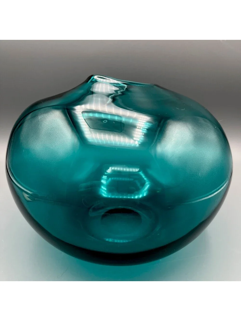 Studio Art Glass Hand Blown Teal Vase Collapsed Pinched Rim Polished Pontil